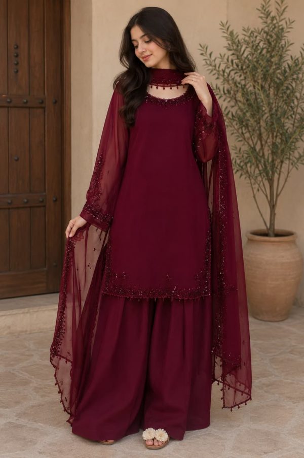 Wine Red Beaded Sharara Set – Party Wear