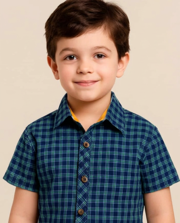 Navy Green Checkered Kids Shirt