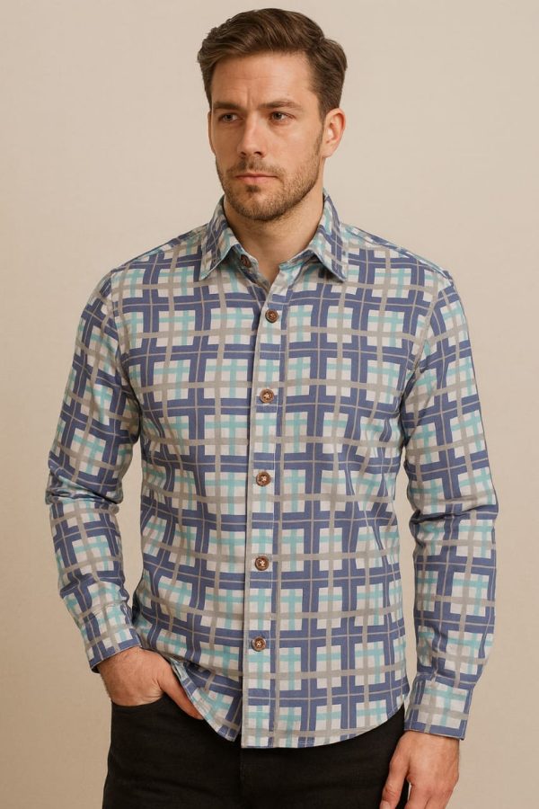 Blue Teal Grid Print Full Sleeve Shirt